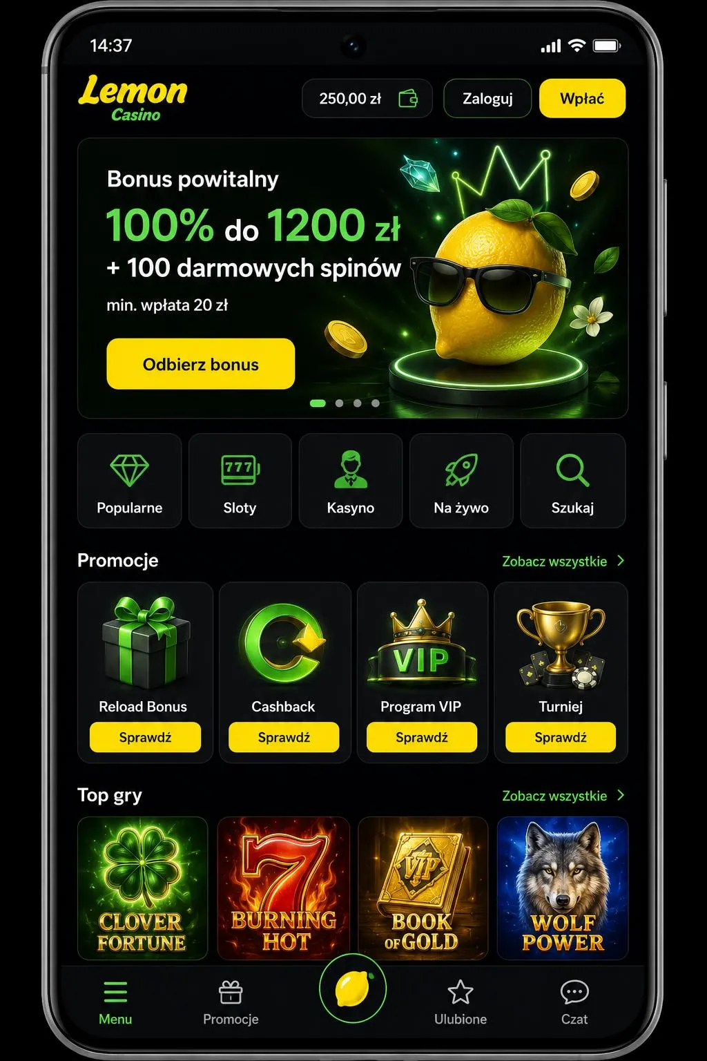 Zakłady, gry i zarządzanie kontem w aplikacji — Lemon Casino aplikacja